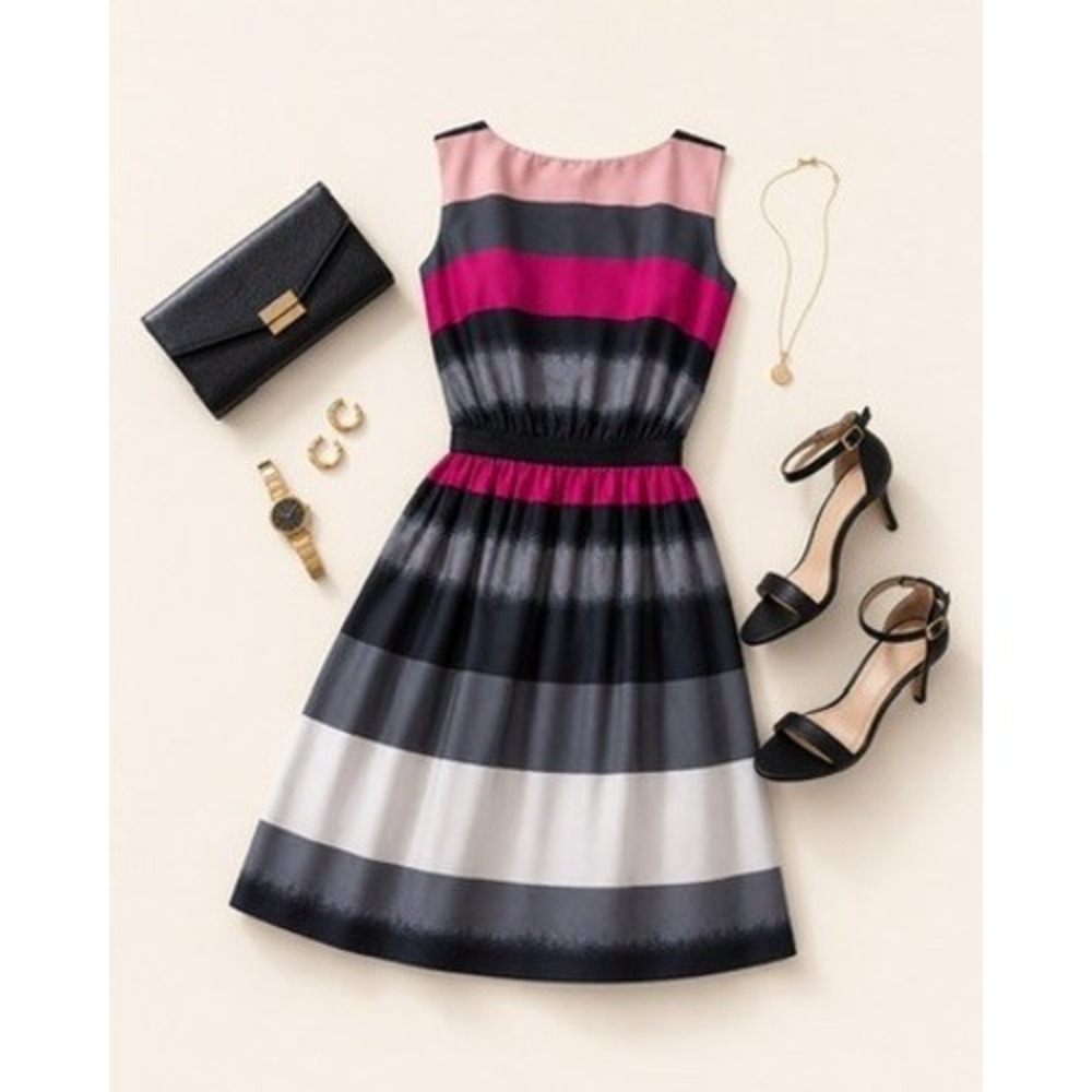 LOFT Petites Pink Grey Striped Sleeveless Fit and Flare Dress Size Small Petite